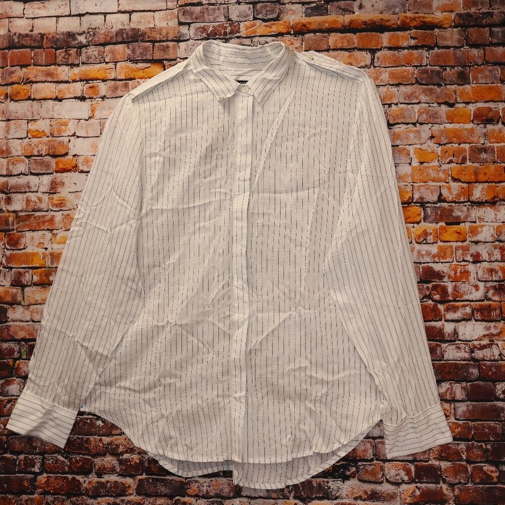 J. Crew Blouse Stripe Long Roll tab Sleeves Epaulets Button Front Women Size L